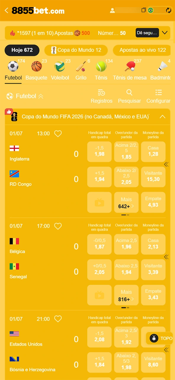 Escolha seu evento favorito para apostar no aplicativo da 8855bet.