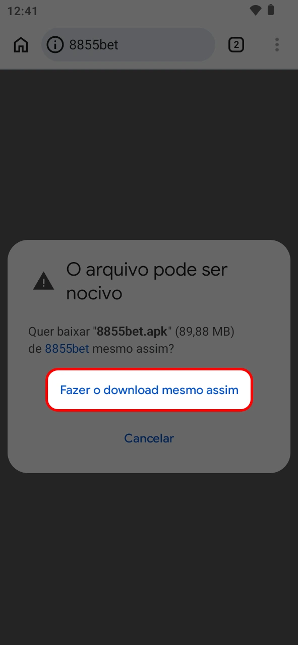 Aprove a transferência Android do aplicativo da 8855bet na tela.