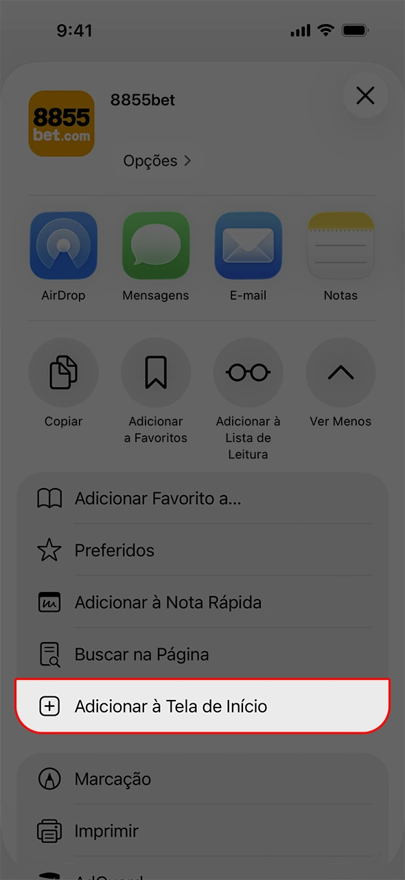 Adicione o atalho iOS do aplicativo da 8855bet no celular.