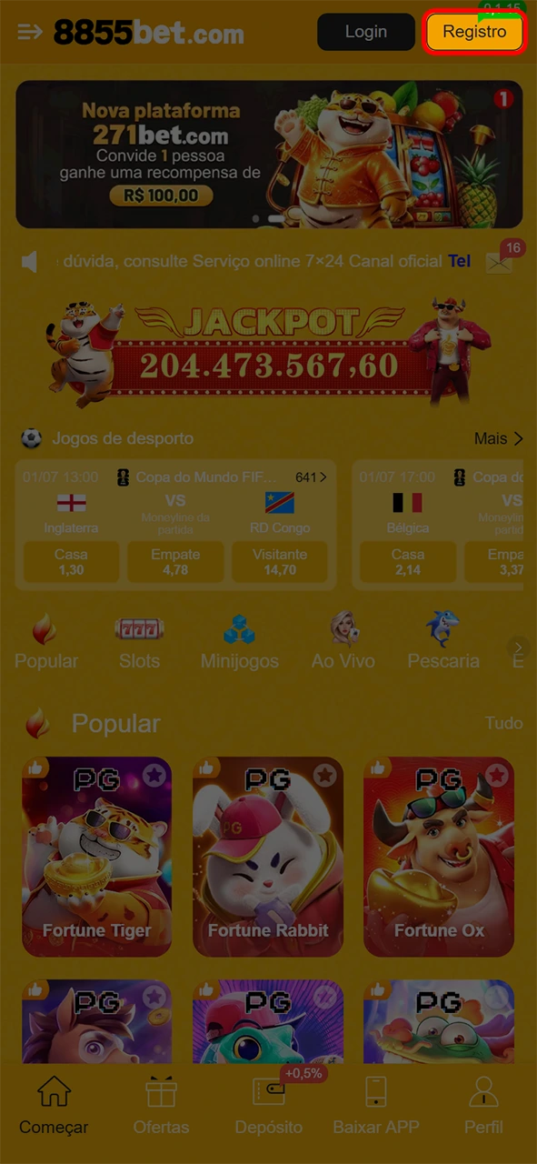 Abra a página de cadastro via aplicativo da 8855bet.