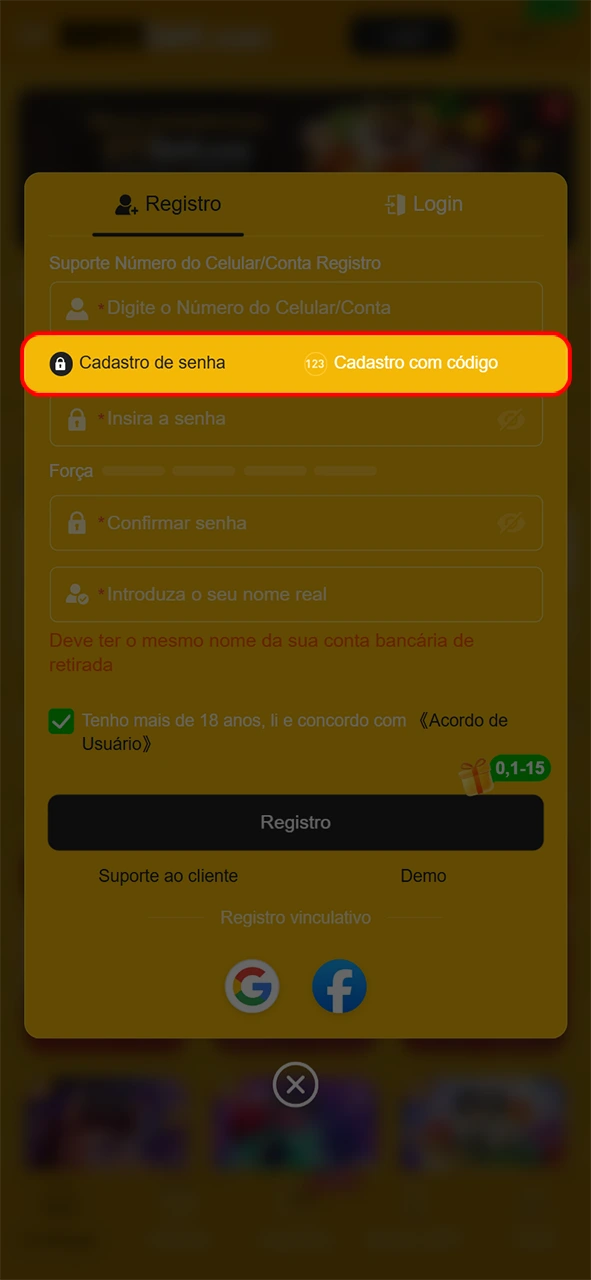 Escolha como fazer o cadastro no aplicativo da 8855bet.