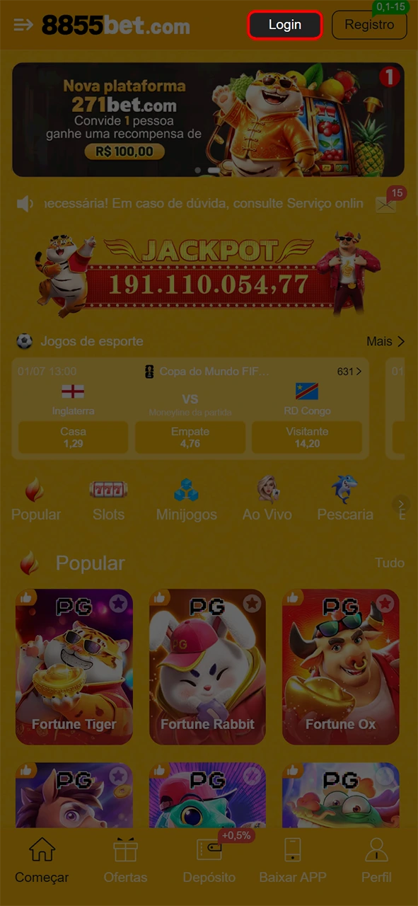 Encontre a área de login logo após o cadastro na 8855bet.